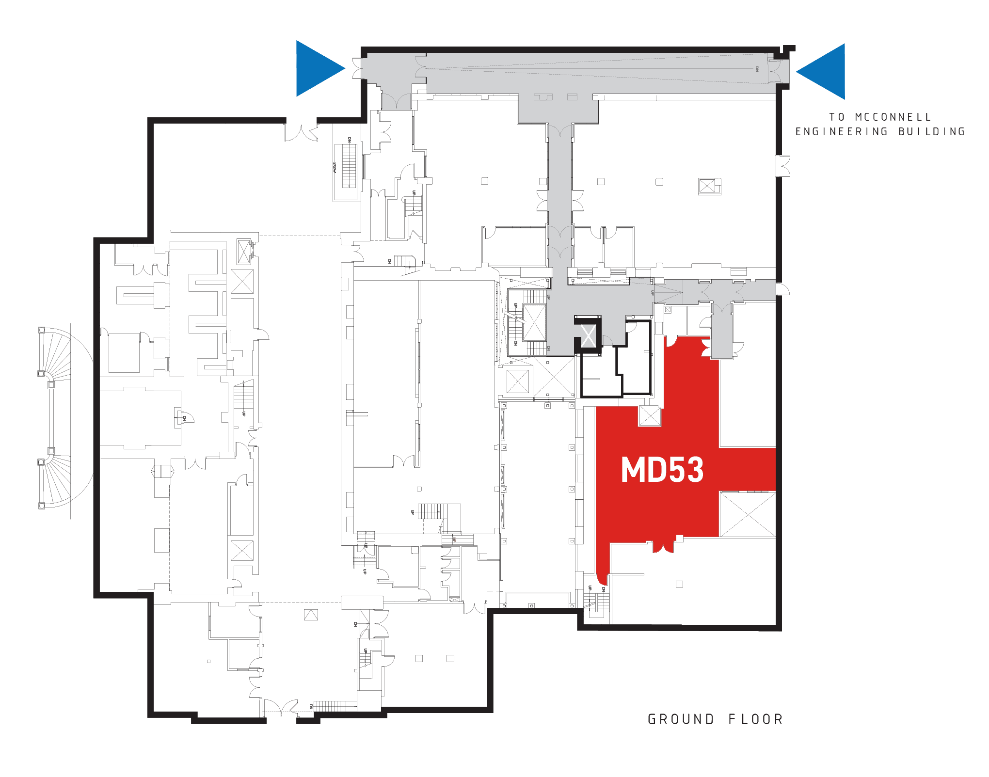 Macdonald Engineering Building ground-floor plan with Room 53 (MD53) highlighted